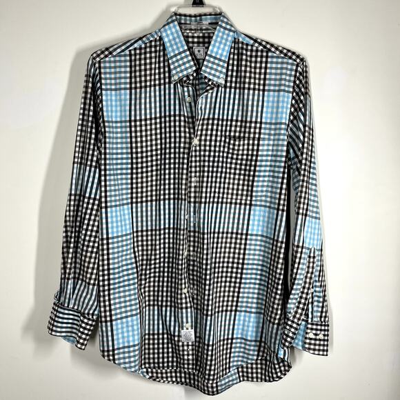 Peter Millar Men's Shirt Medium Button Front Unique Colors Aqua Brown Blk Preppy - Picture 1 of 8